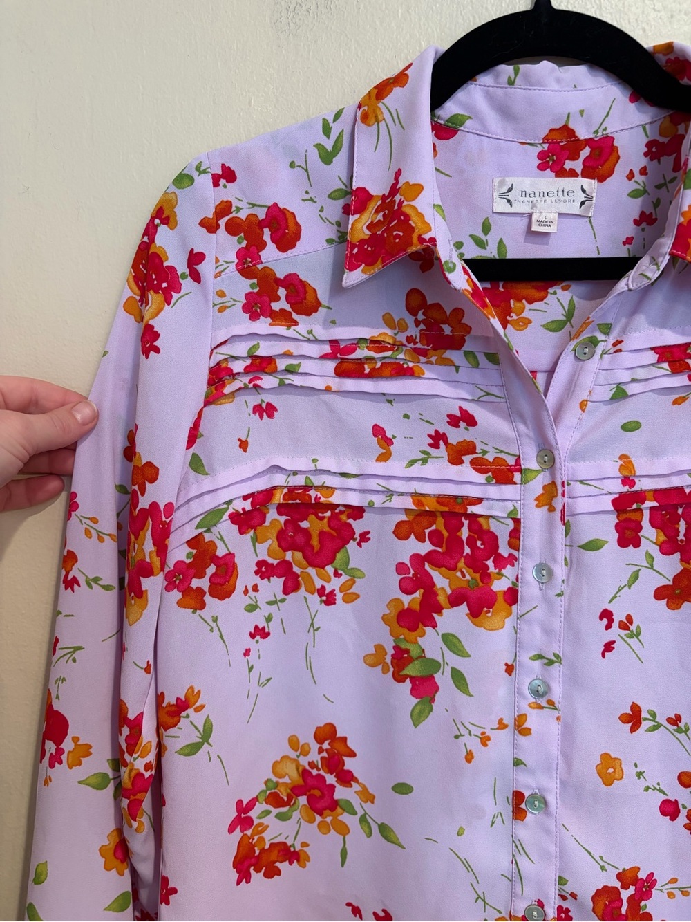 Nanette Lepore Lavender Slinky Blouse with Vibrant Floral Design, Button Up - Picture 5 of 7